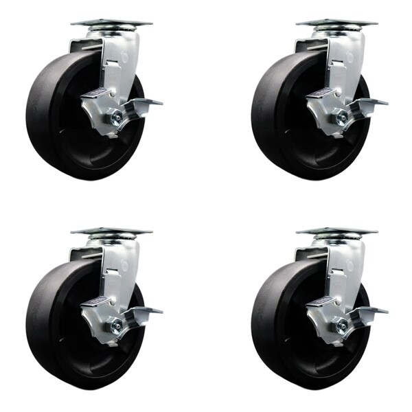 6 Inch Glass Filled Nylon Swivel Caster Set with Ball Bearings and Brakes SCC